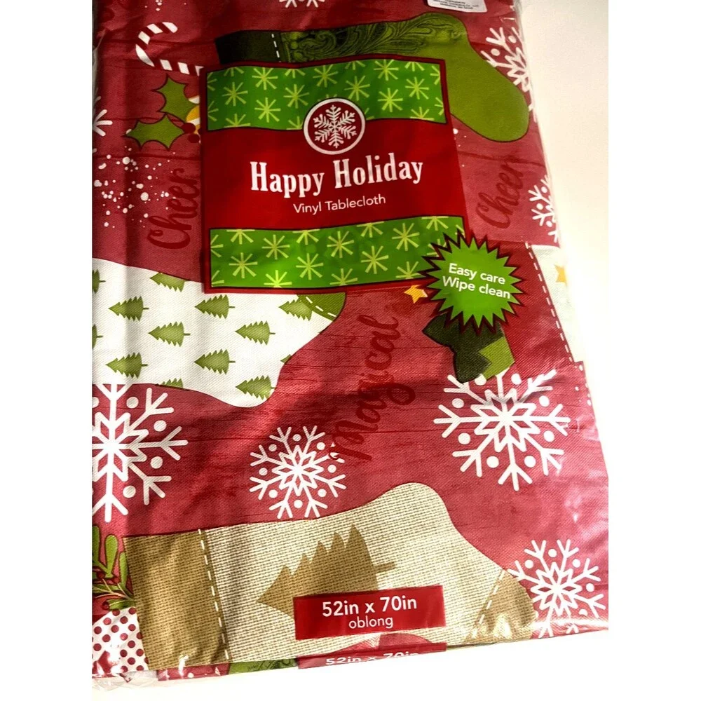 Christmas Stocking Snowflakes Vinyl Tablecloth Flannel Backed Holiday 52x70